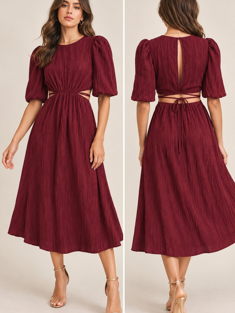 Just Me Women's Short Puff Sleeve Cut Out Back Maxi